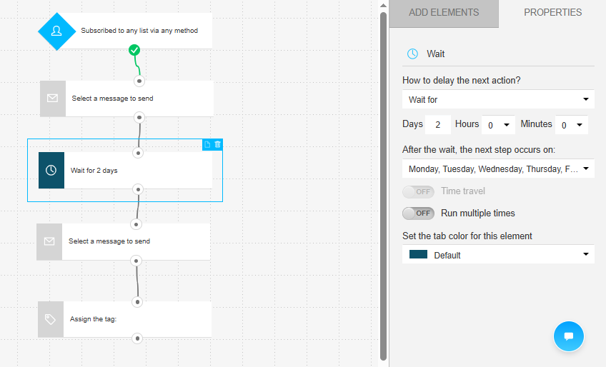 GetResponse delay condition setup showing time interval options for scheduling follow-up emails in sequence